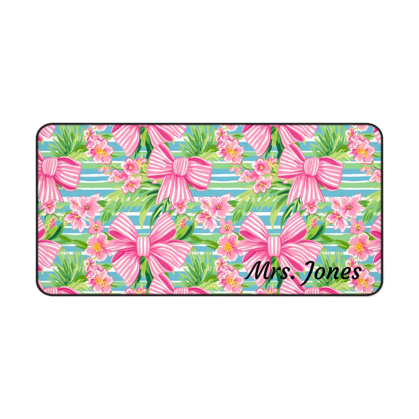 Personalized Preppy Pink Bows Striped Desk Mat