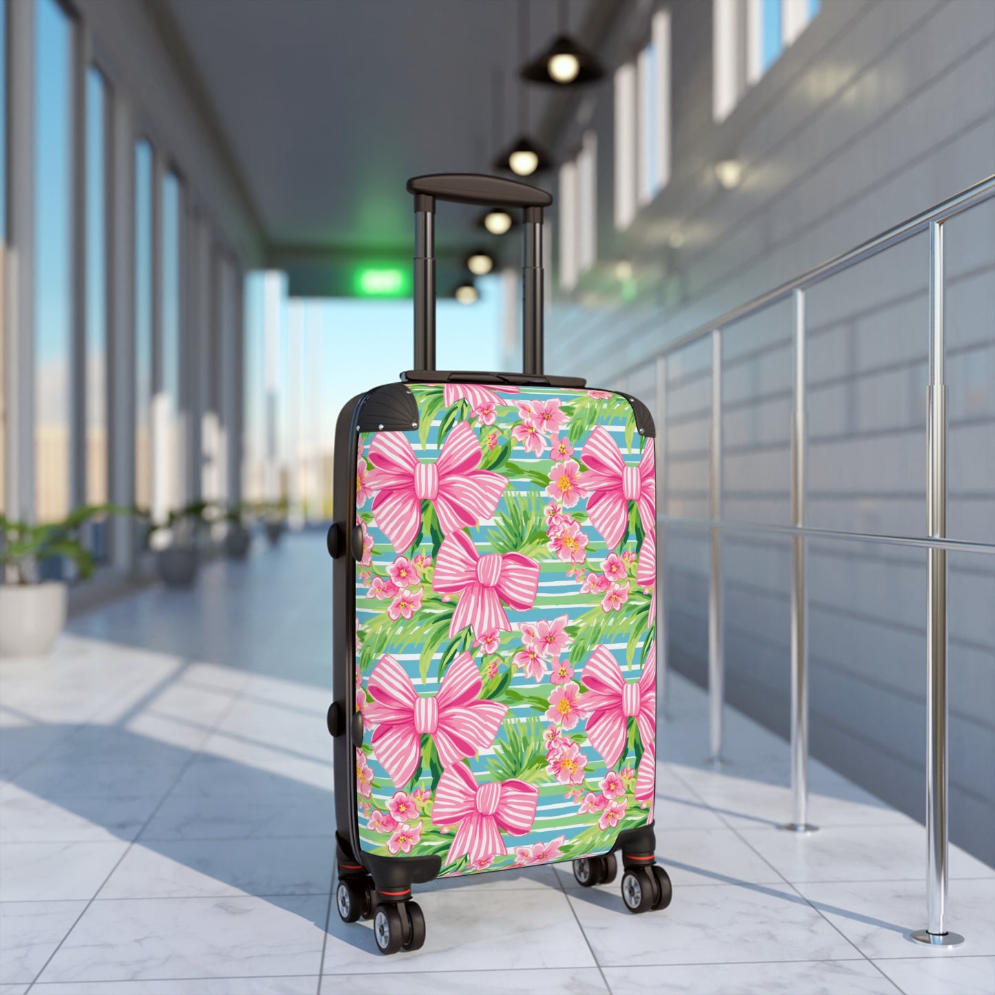 Preppy Pink Bows Striped Suitcase