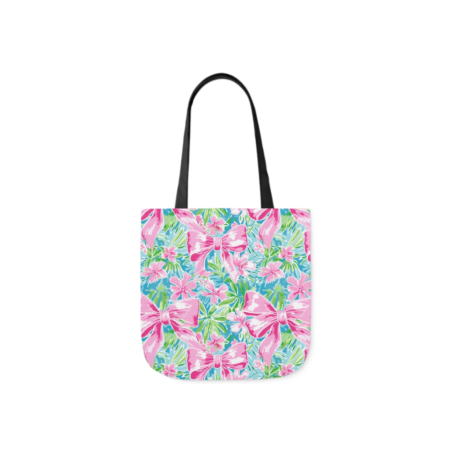 Preppy Pink Bows Bright Floral Canvas Tote Bag, 5-Color Straps