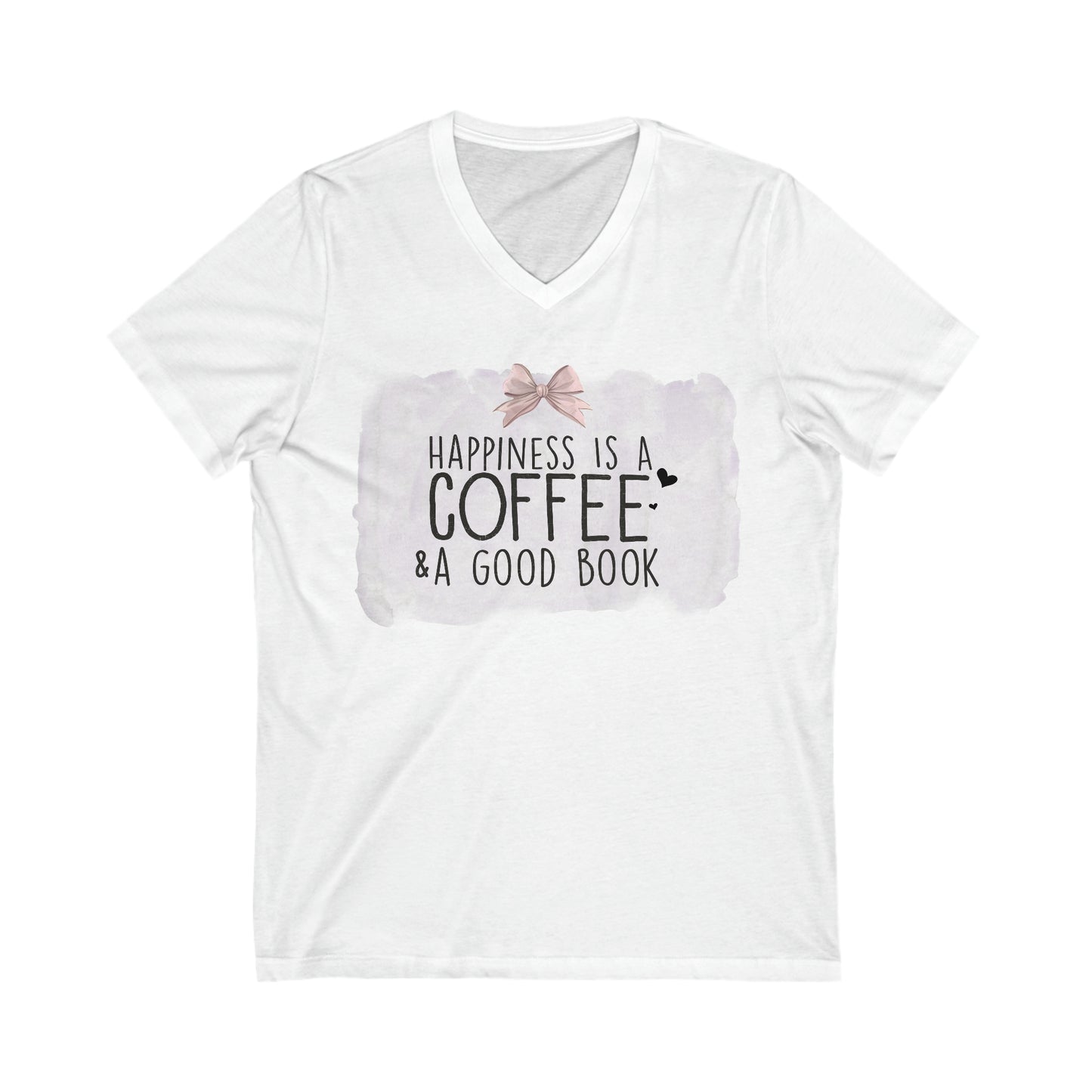 Happiness is a Coffee & a Good Book Bow Graphic Unisex Jersey Short Sleeve V-Neck Tee