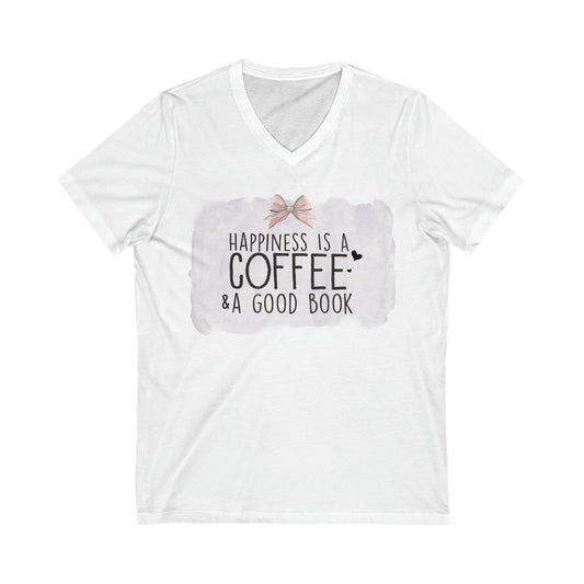 Happiness is a Coffee & a Good Book Bow Graphic Unisex Jersey Short Sleeve V-Neck Tee