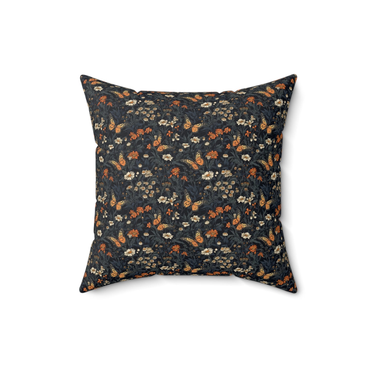 Dark Monarch Butterfly Floral Accent Spun Polyester Square Pillow