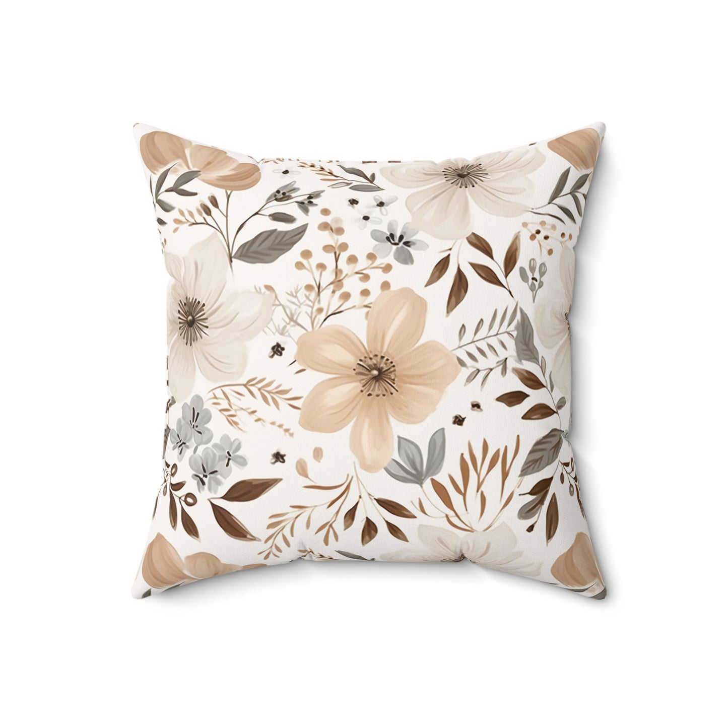 Beige Boho Floral Faux Suede Square Pillow