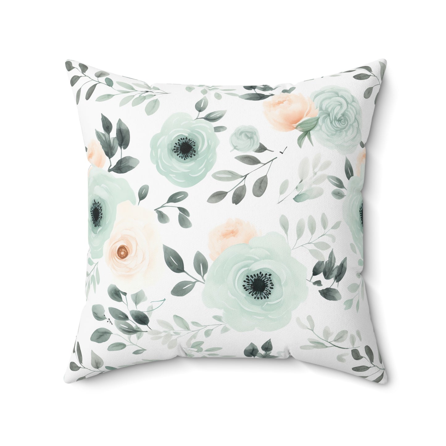 Mint Floral Faux Suede Square Pillow