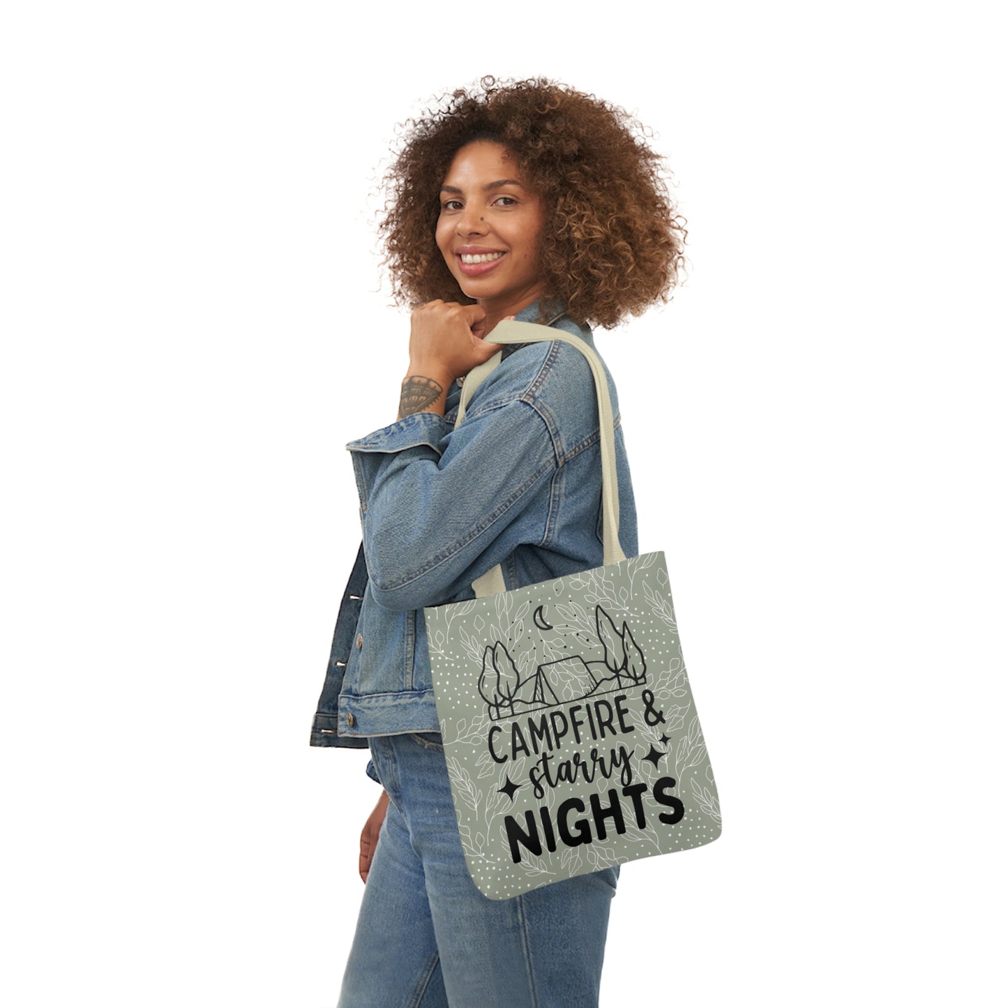 Green Floral Campfire & Starry Nights Canvas Tote Bag, 3-Color Straps