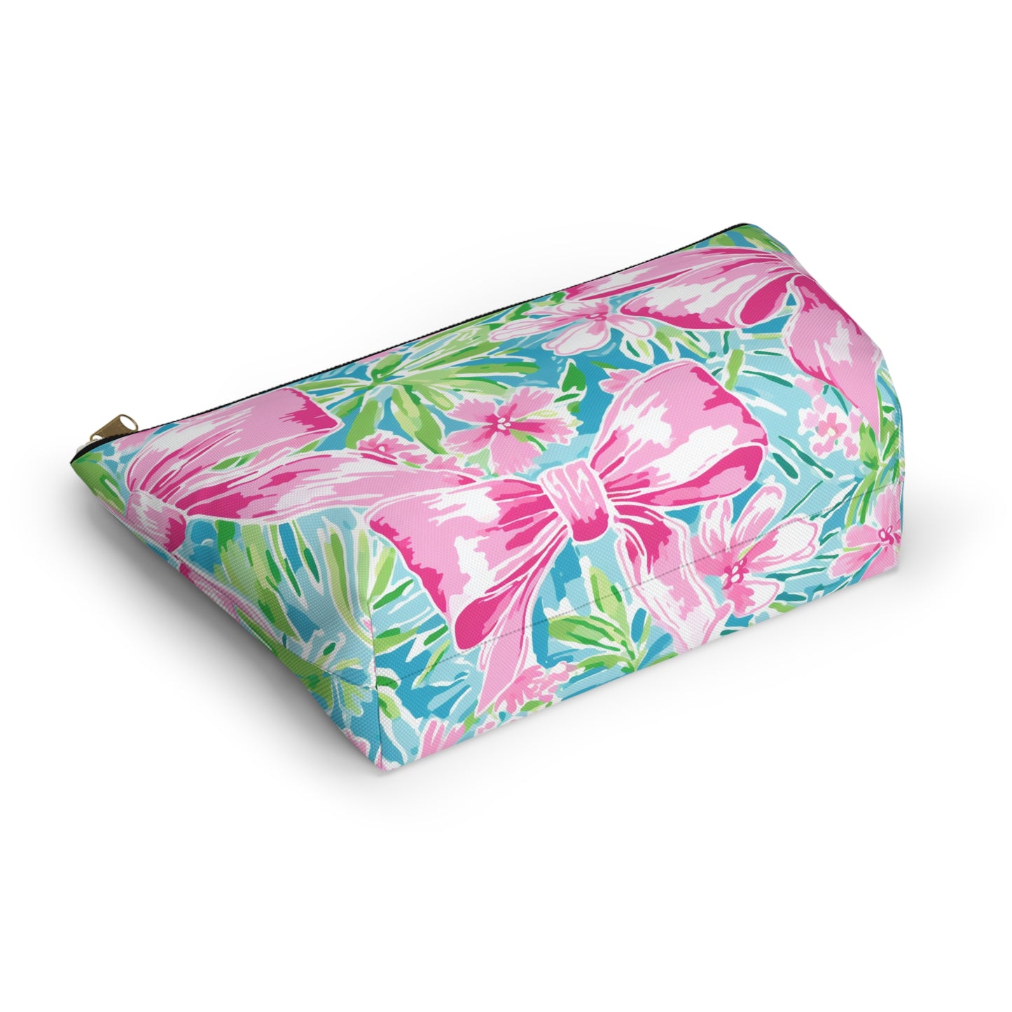 Preppy Pink Bows Bright Floral Accessory Pouch w T-bottom