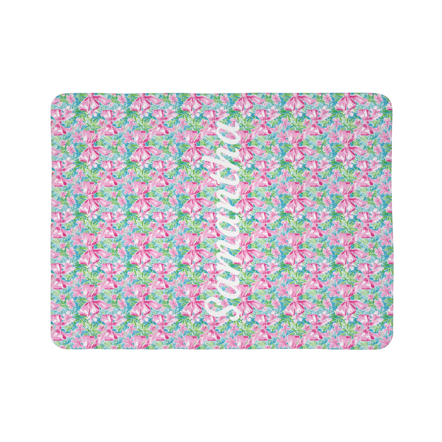 Personalized Preppy Pink Bow Bright Floral Fleece Sherpa Blanket