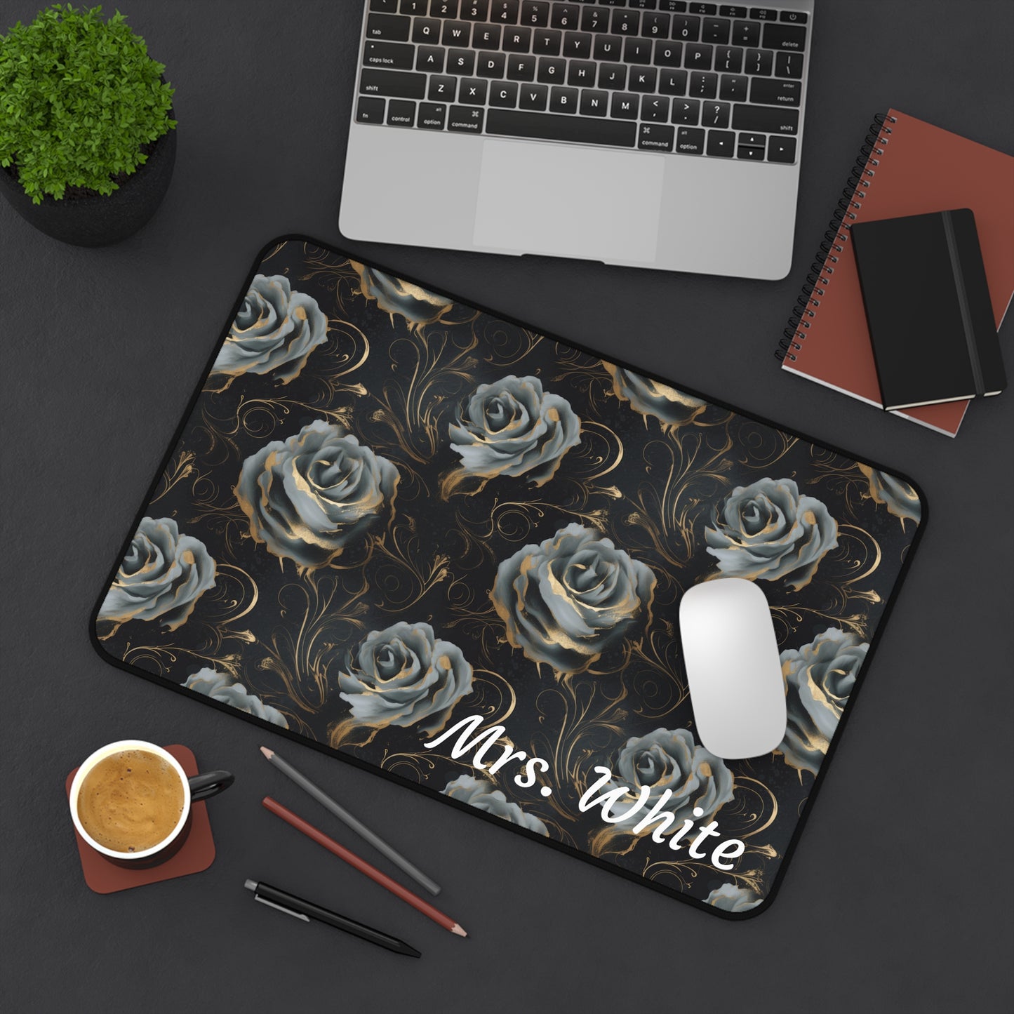 Personalized Black Blue Rose Desk Mat