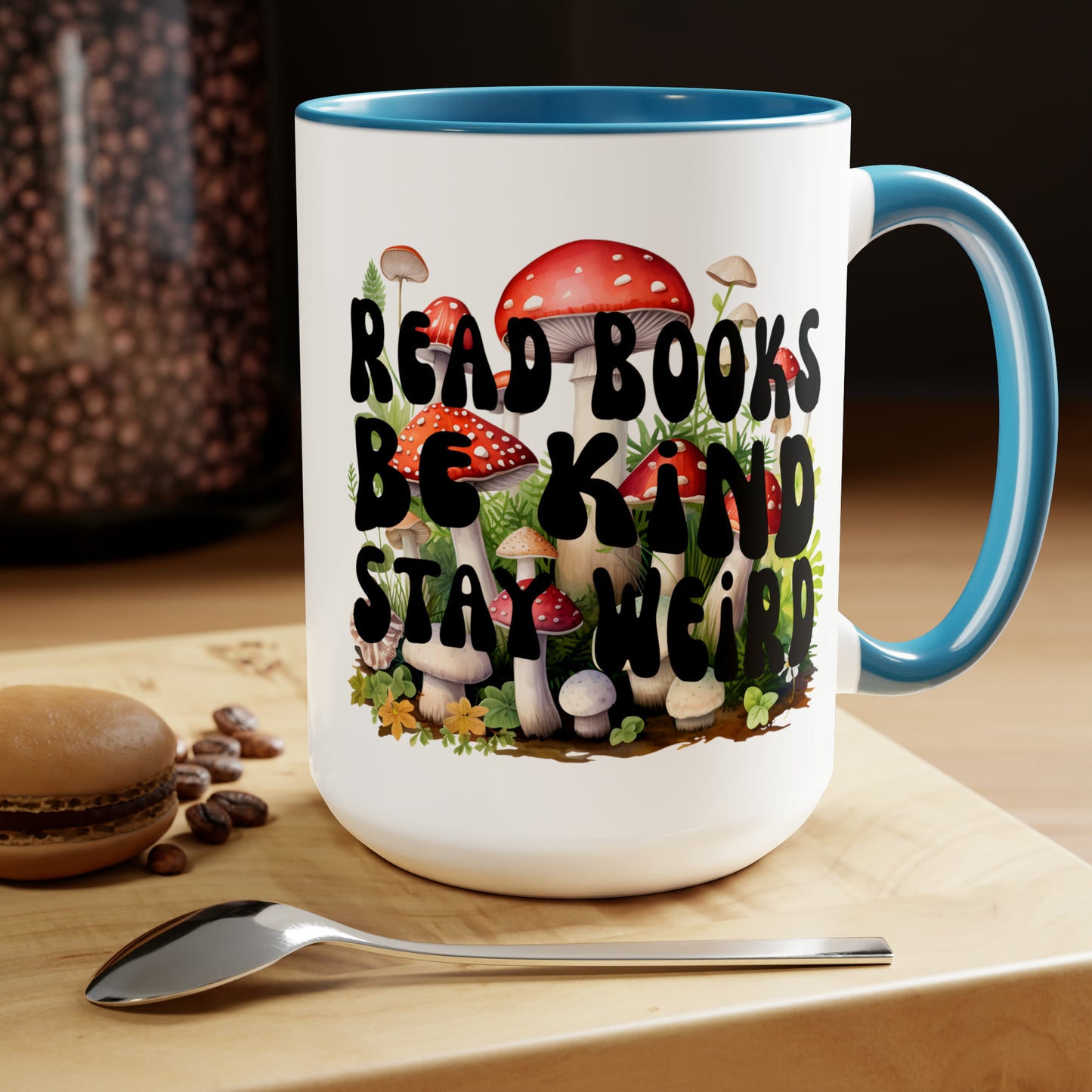 Read Books Be Kind Stay Weird Mushroom Two-Tone Coffee Mugs, 15oz