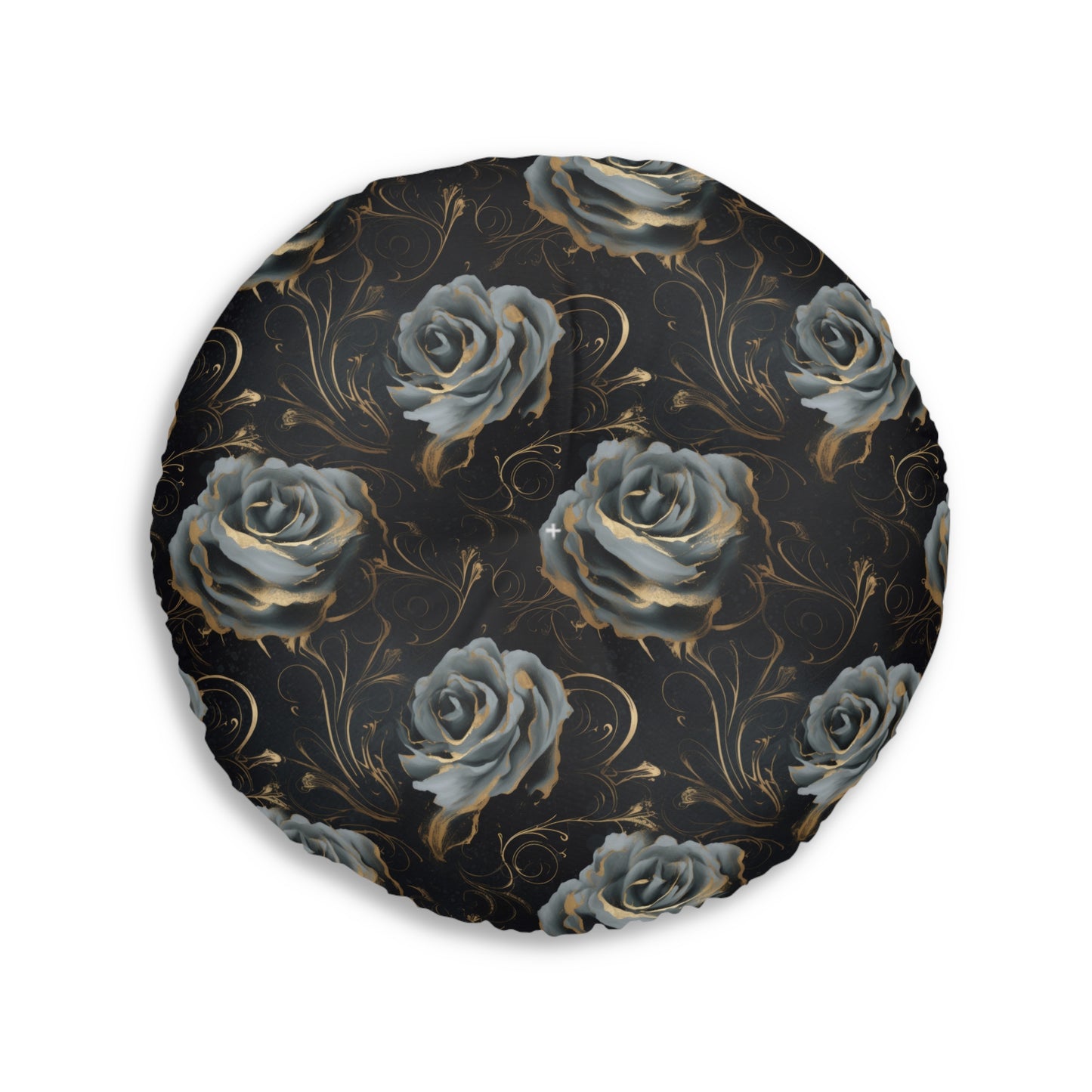 Black Blue Rose Tufted Floor Pillow, Round