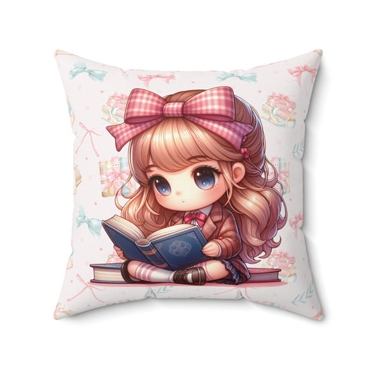 Cute Girl Reading Book Spun Polyester Square Pillow