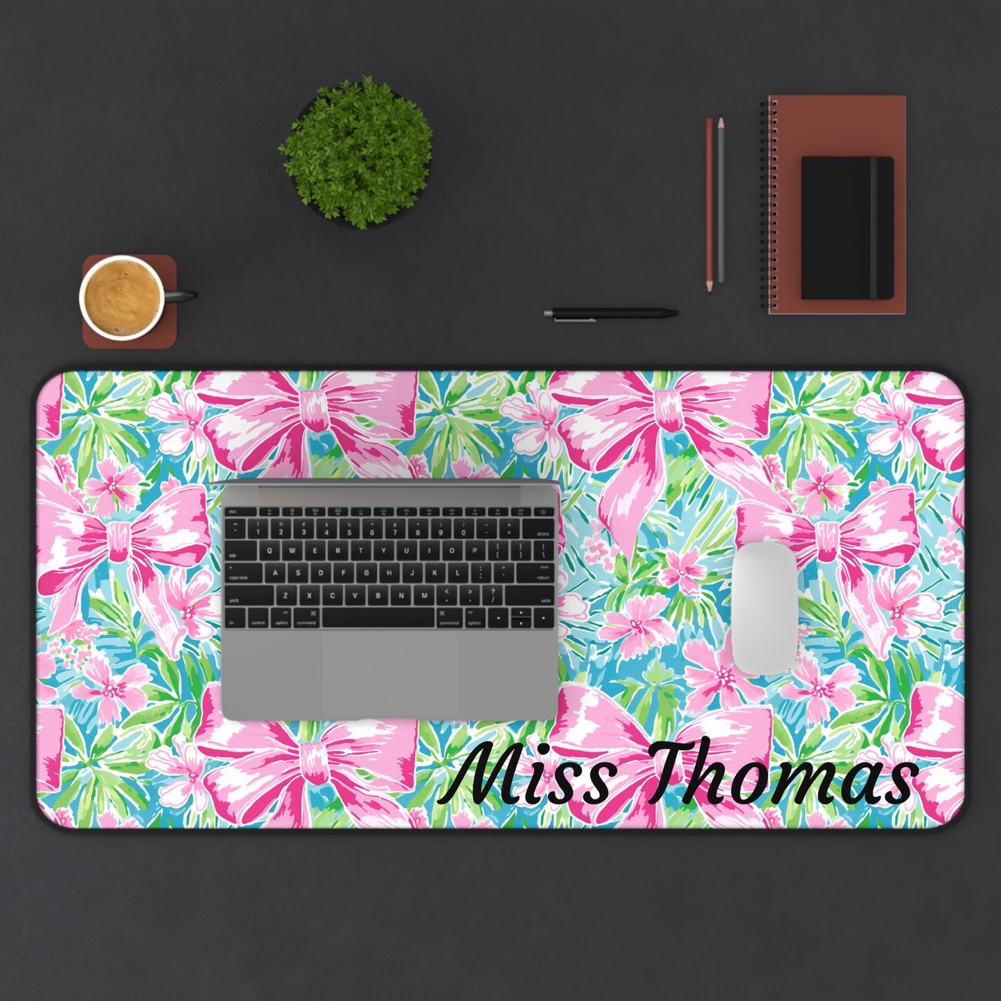 Personalized Preppy Pink Bows Bright Floral Desk Mat