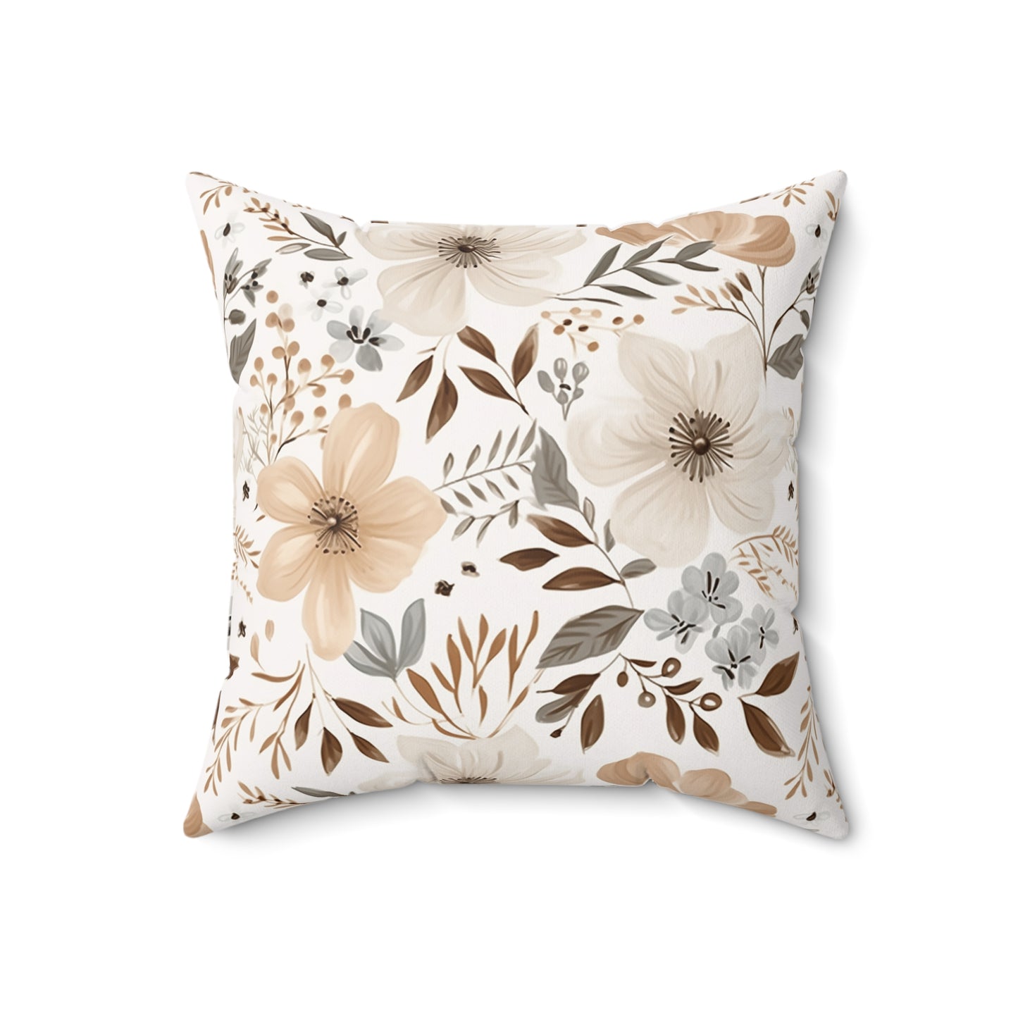 Beige Boho Floral Faux Suede Square Pillow