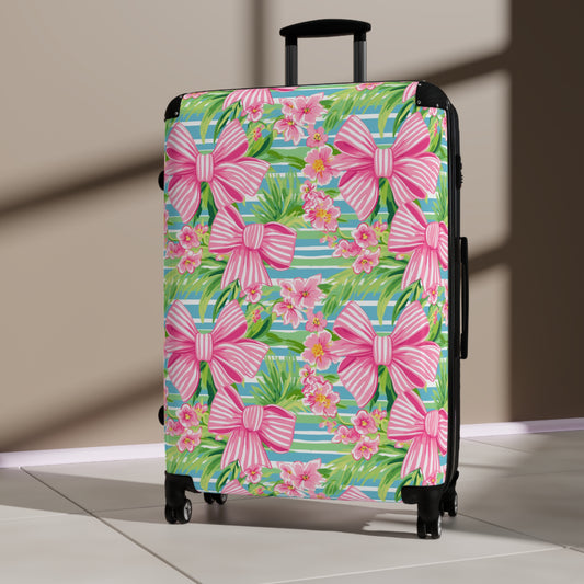 Preppy Pink Bows Striped Suitcase