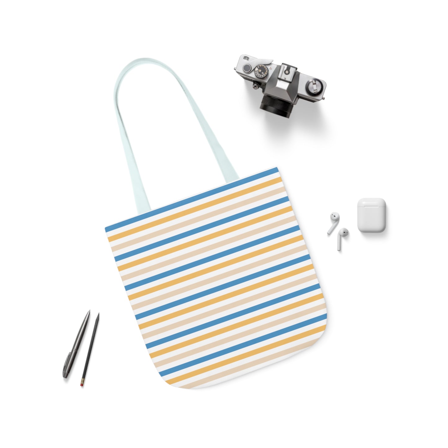 Yellow and Blue Stripe Canvas Tote Bag, 3-Color Straps