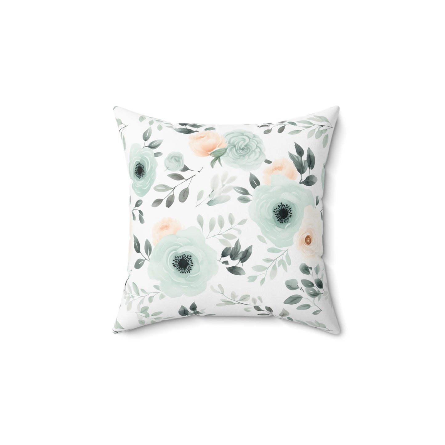 Mint Floral Faux Suede Square Pillow