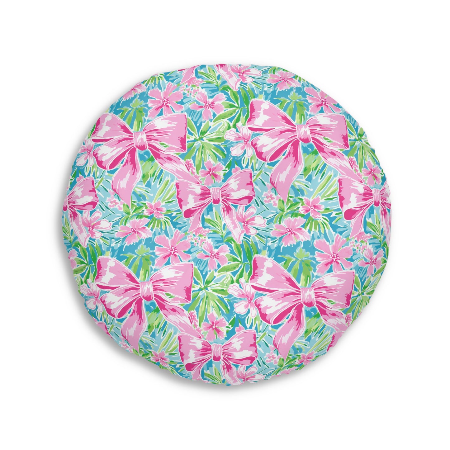 Preppy Pink Bows Bright Floral Tufted Floor Pillow, Round