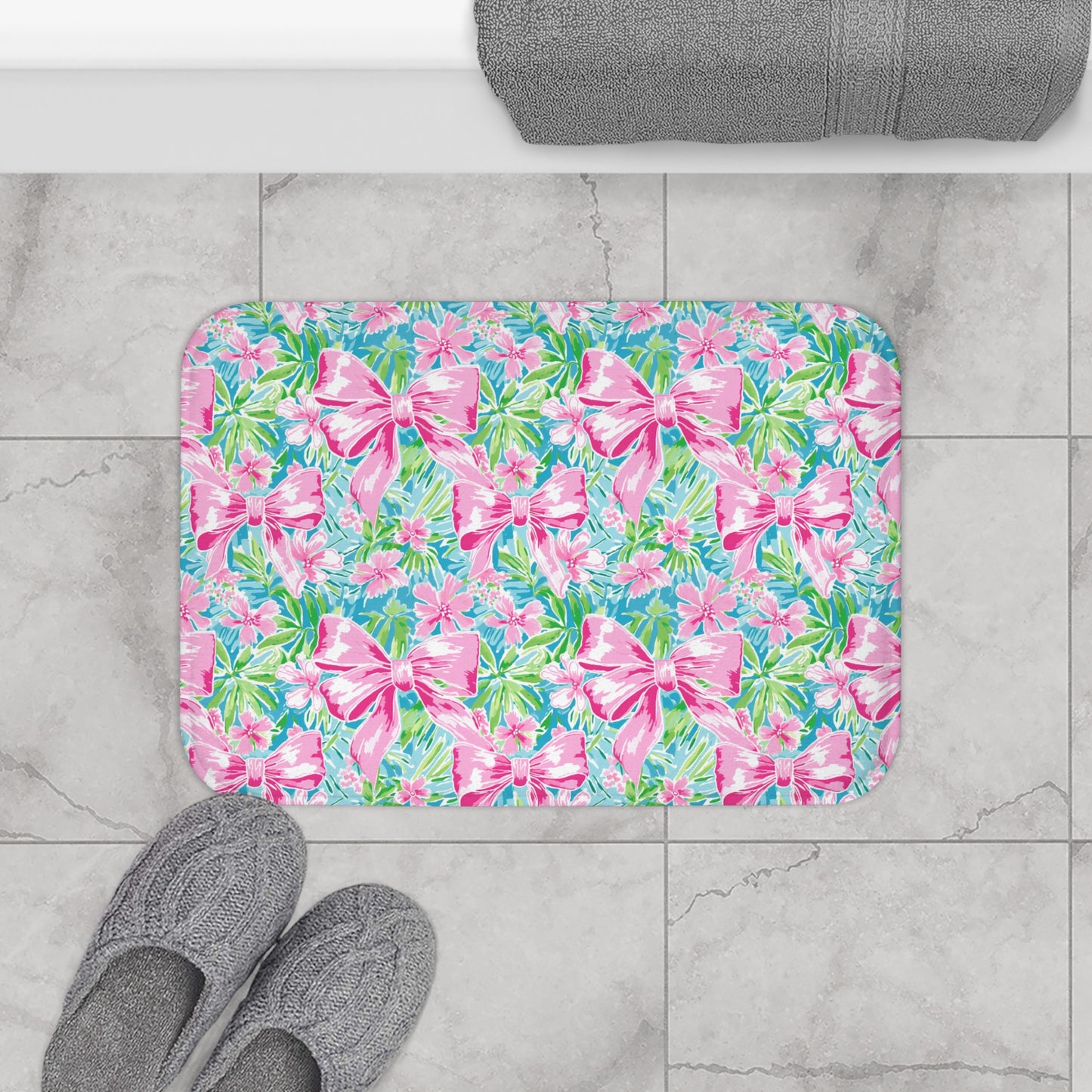 Preppy Pink Bows Bath Mat