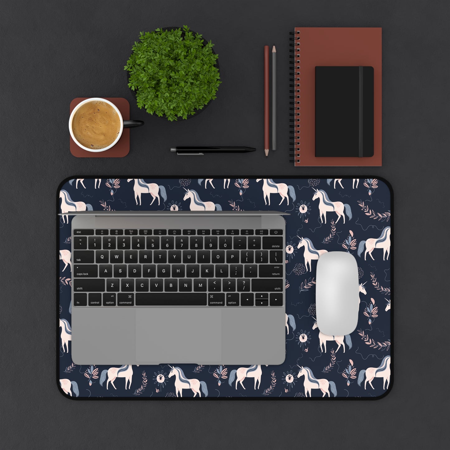 Pink and Navy Unicorn Floral Desk Mat