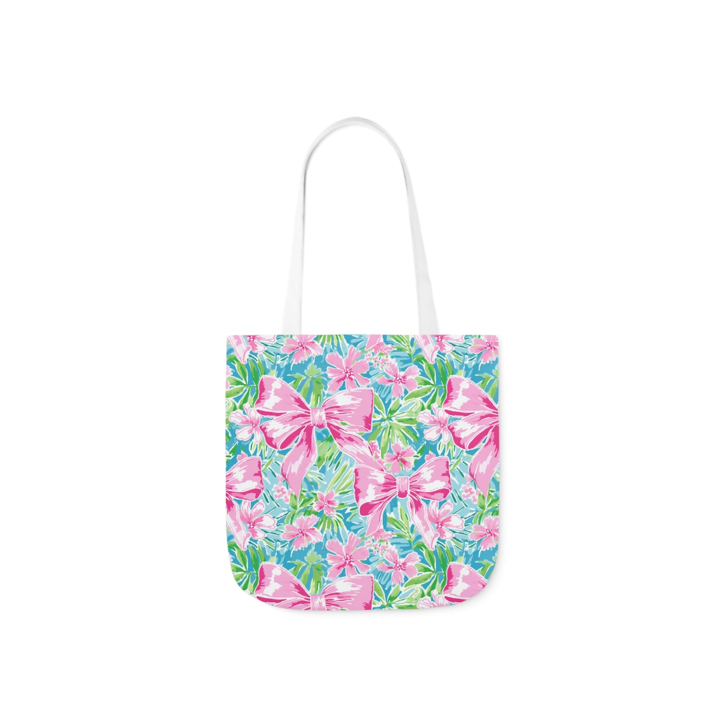 Preppy Pink Bows Bright Floral Canvas Tote Bag, 5-Color Straps