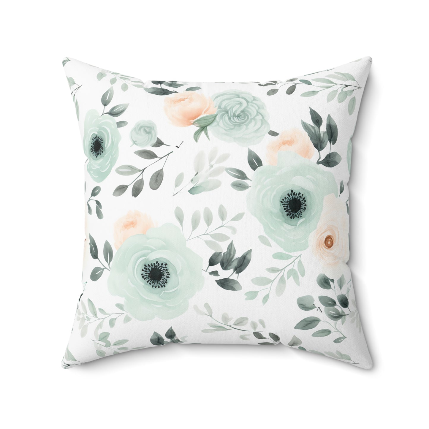 Mint Floral Faux Suede Square Pillow