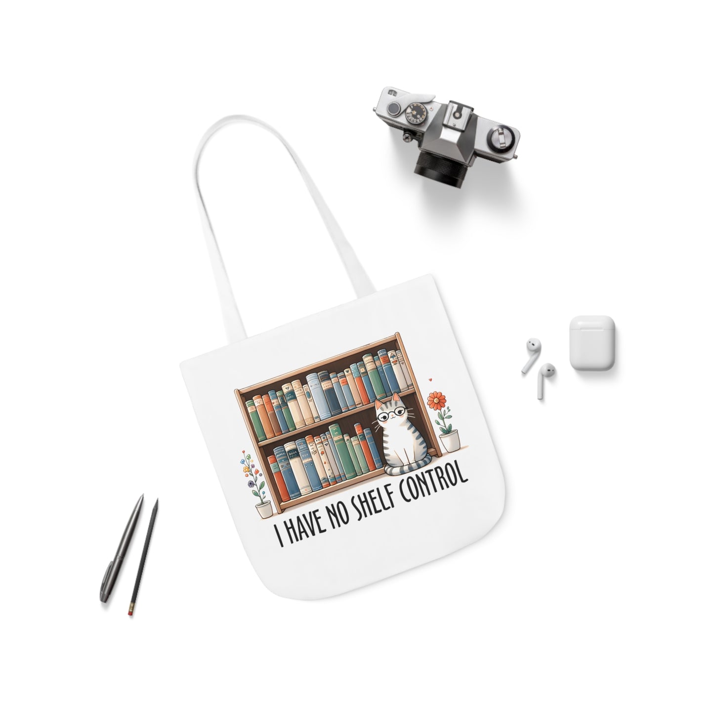 I Have No Shelf Control Cat Canvas Tote Bag, 3-Color Straps