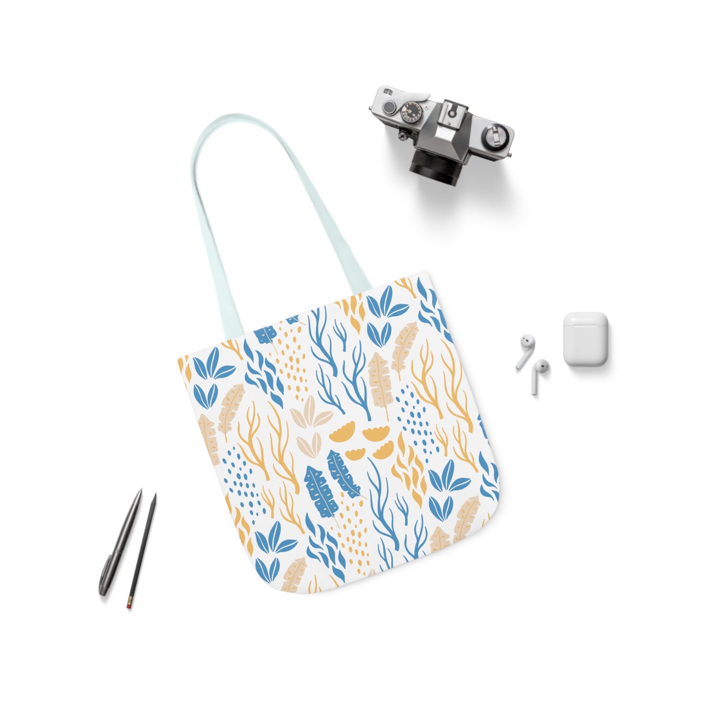 Yellow and Blue Floral Canvas Tote Bag, 2-Color Straps