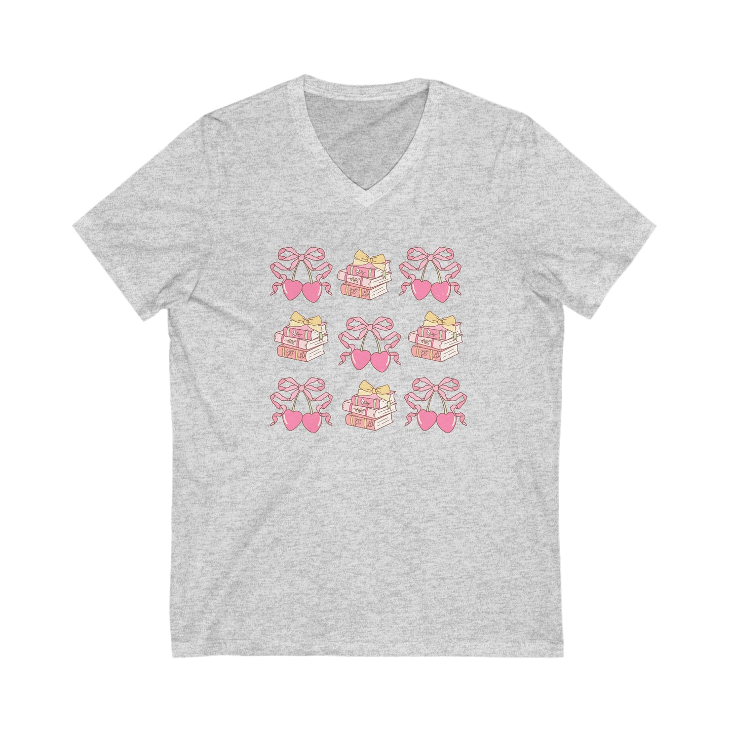 Books and Bows Pink Hearts Unisex Jersey Short Sleeve V-Neck Tee