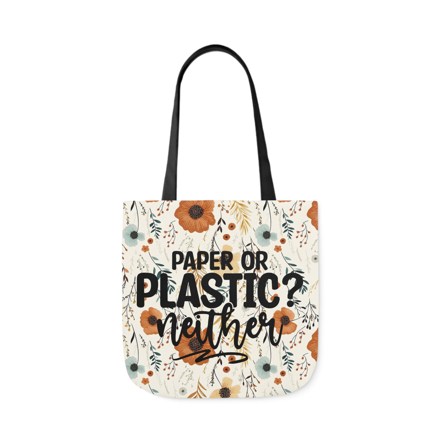 Floral Paper Or Plastic? Canvas Tote Bag, 4-Color Straps