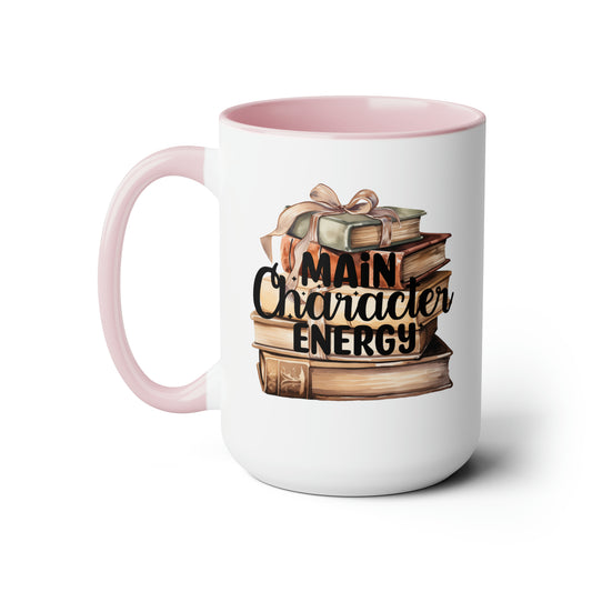 Main Character Energy Book Stack Two-Tone Coffee Mugs, 15oz