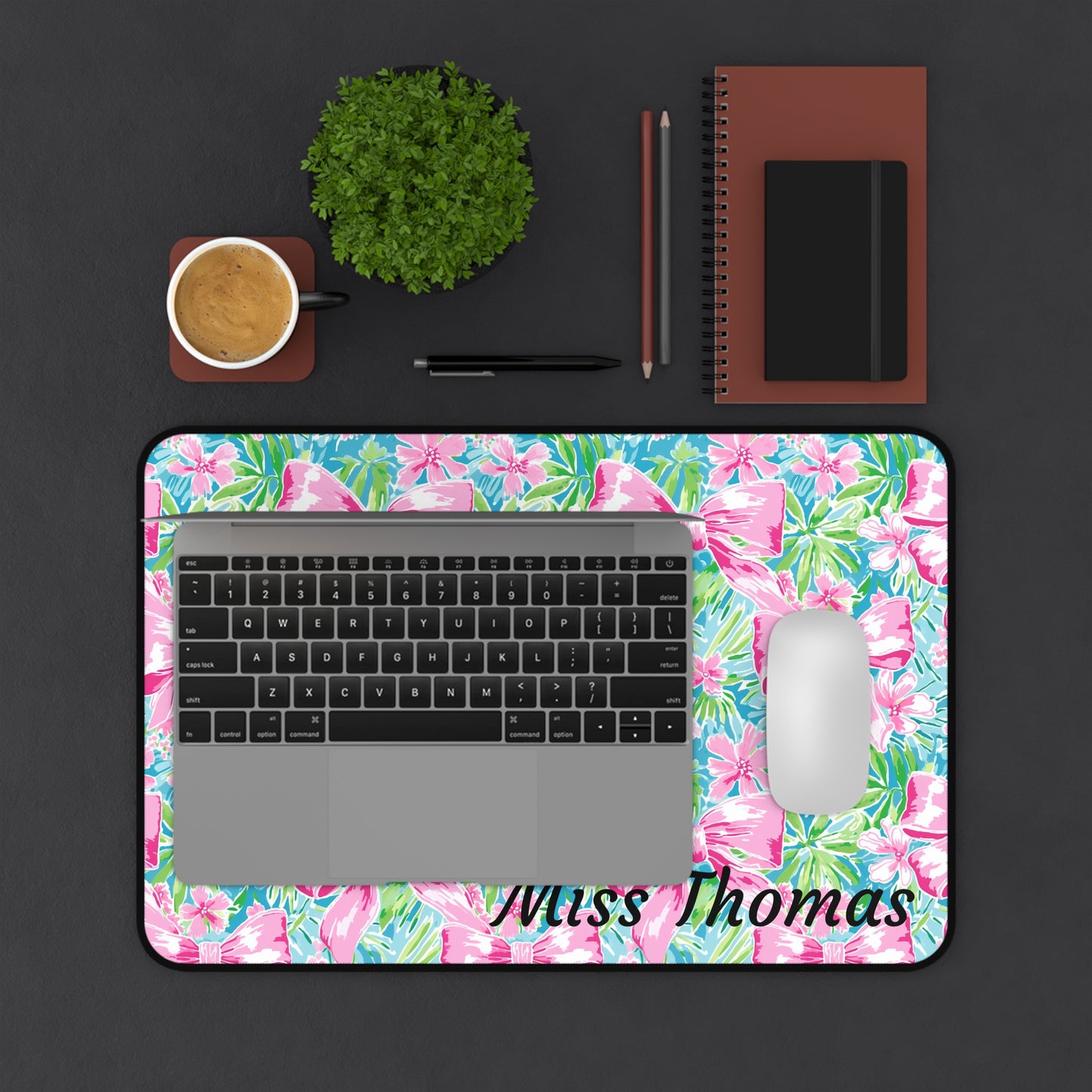 Personalized Preppy Pink Bows Bright Floral Desk Mat