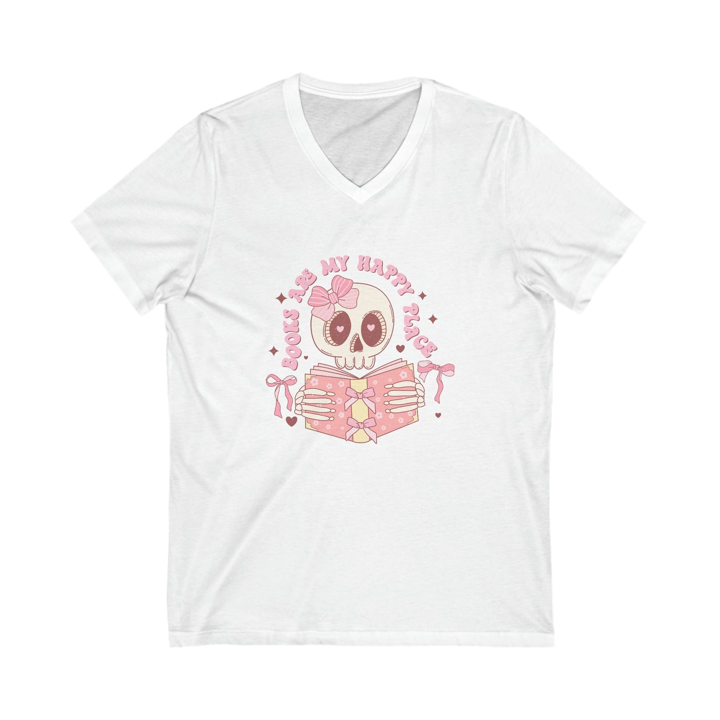 Books Are My Happy Place Pink Skull Unisex Jersey Short Sleeve V-Neck Tee