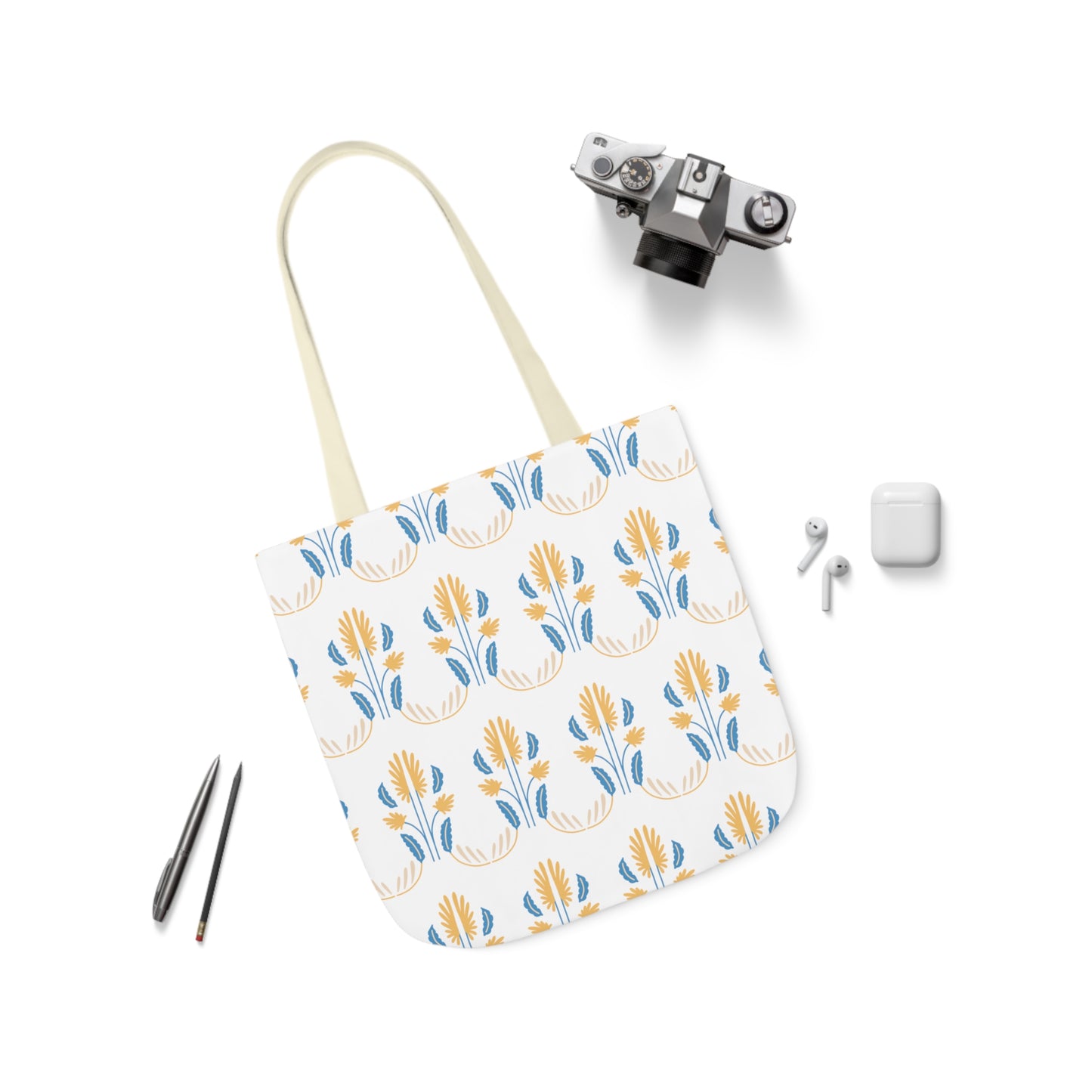 Yellow and Blue Floral Repeat Canvas Tote Bag, 3-Color Straps