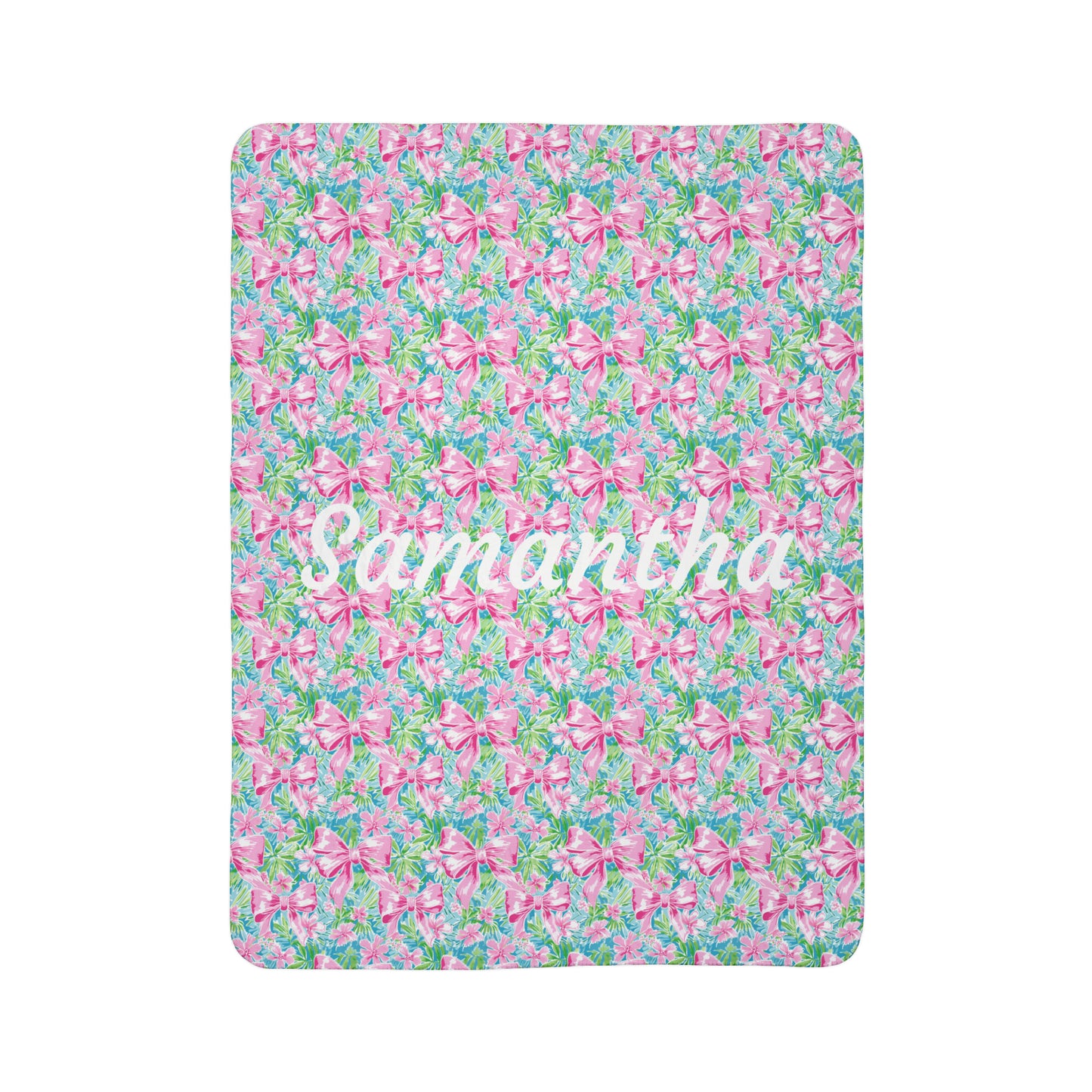 Personalized Preppy Pink Bow Bright Floral Fleece Sherpa Blanket