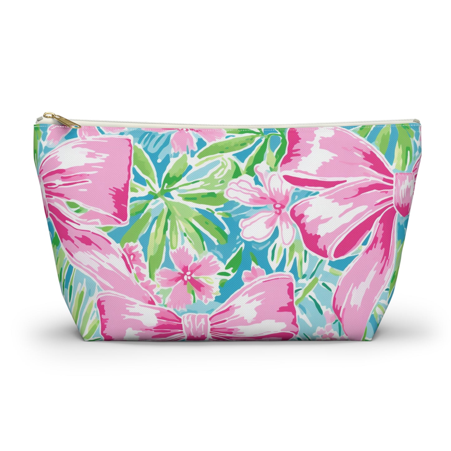 Preppy Pink Bows Bright Floral Accessory Pouch w T-bottom