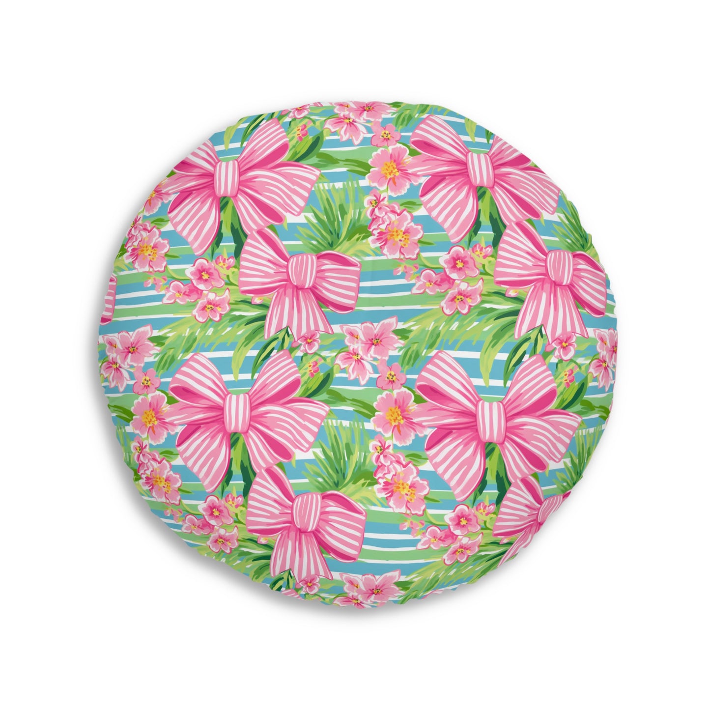 Preppy Pink Bows Striped Tufted Floor Pillow, Round