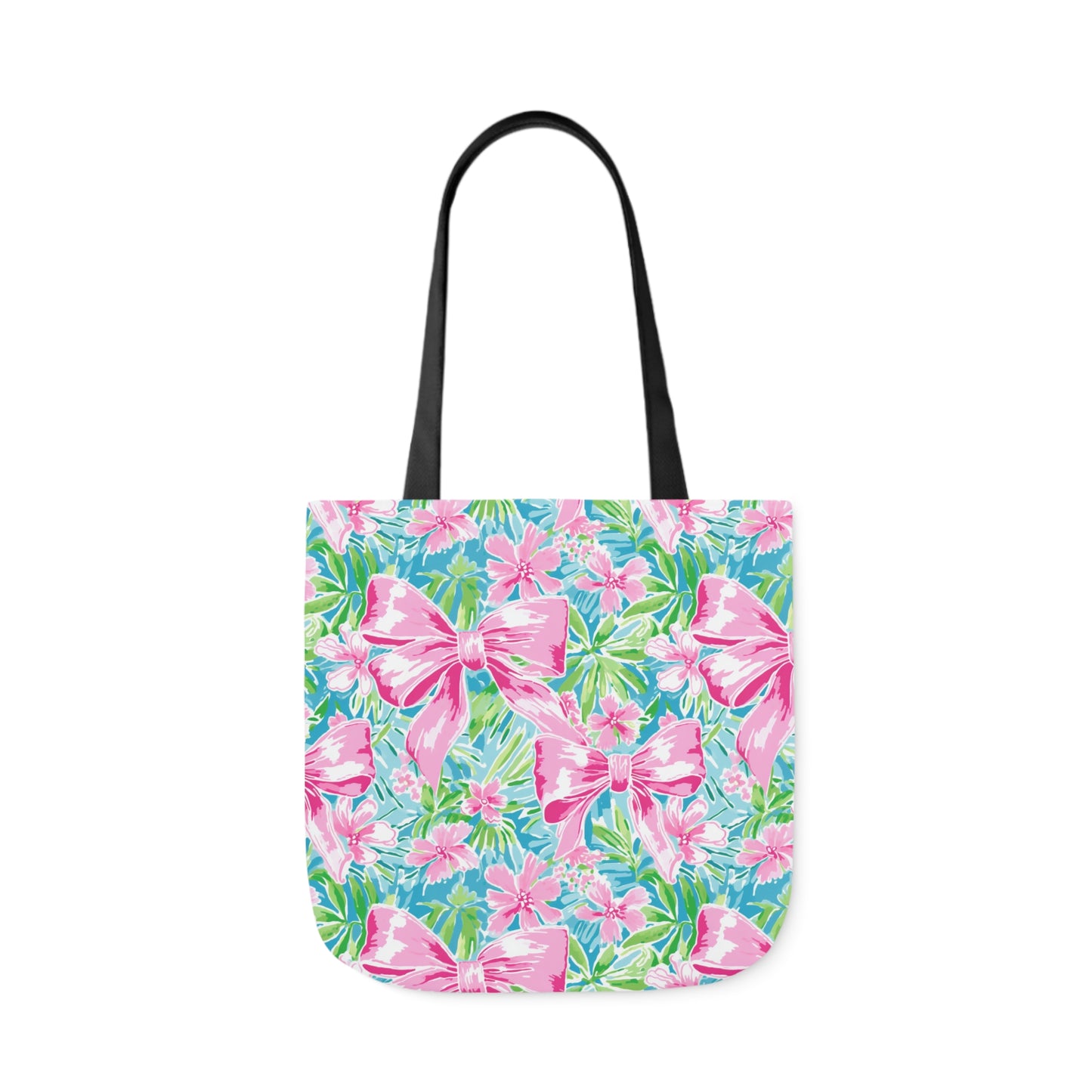 Preppy Pink Bows Bright Floral Canvas Tote Bag, 5-Color Straps