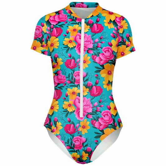 Bright Pink Floral Bodysuit Short Sleeve