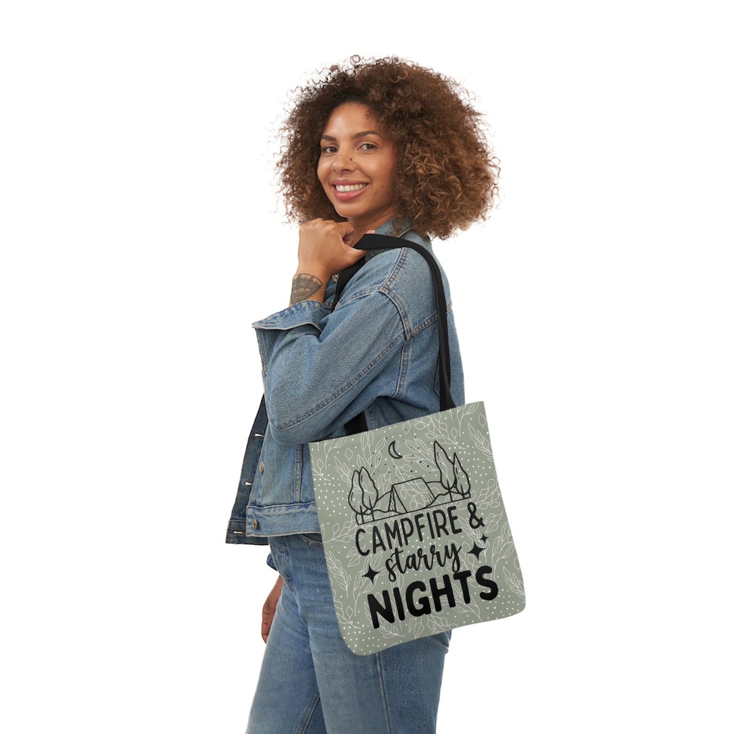 Green Floral Campfire & Starry Nights Canvas Tote Bag, 3-Color Straps