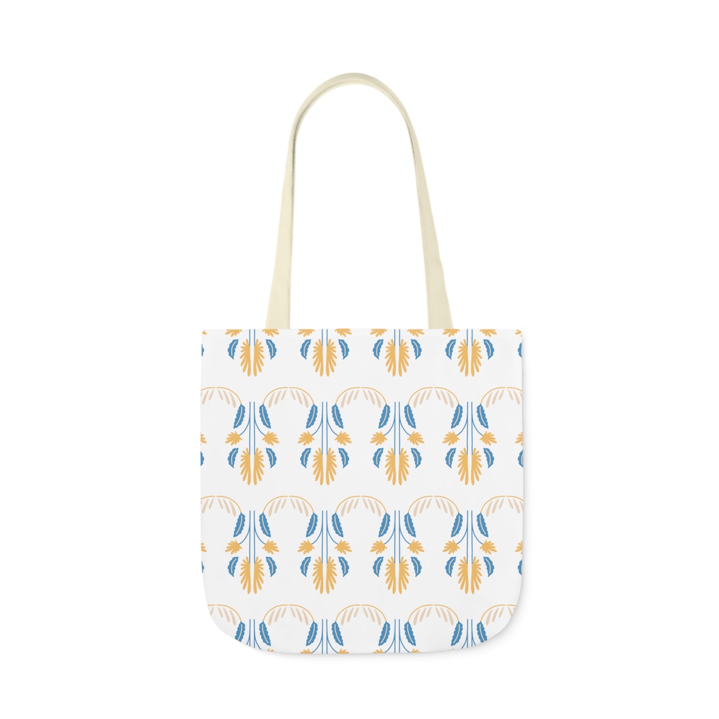 Yellow and Blue Floral Repeat Canvas Tote Bag, 3-Color Straps