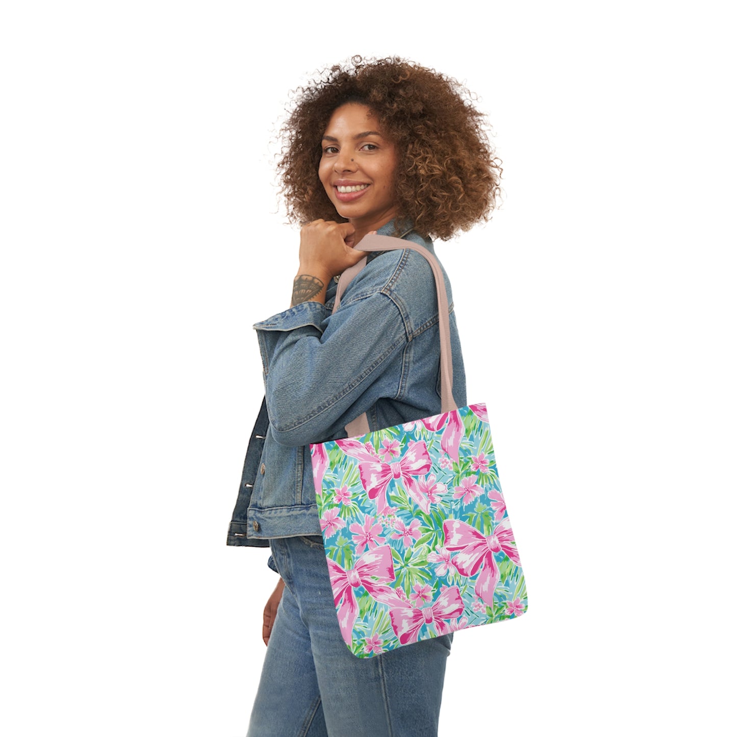 Preppy Pink Bows Bright Floral Canvas Tote Bag, 5-Color Straps