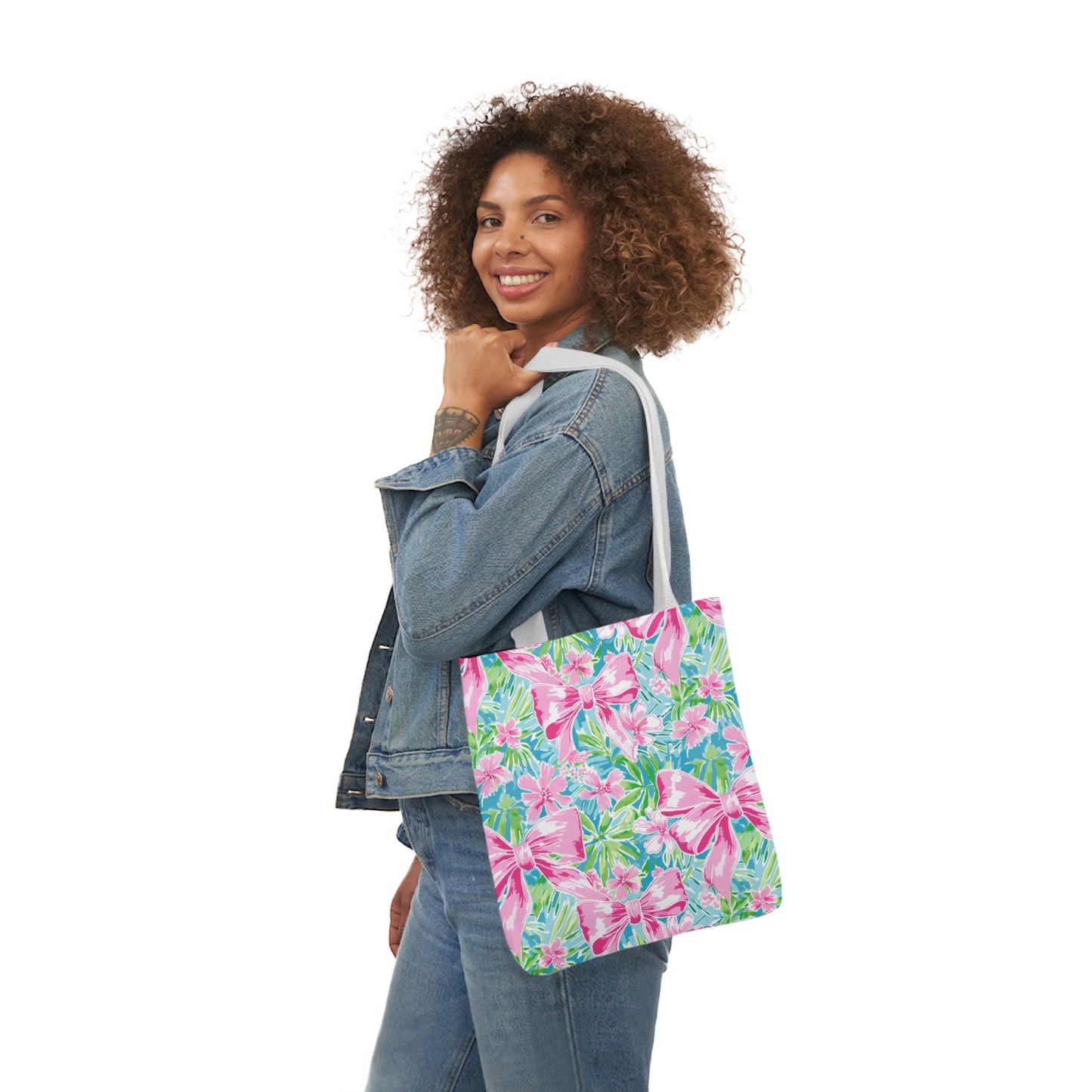 Preppy Pink Bows Bright Floral Canvas Tote Bag, 5-Color Straps