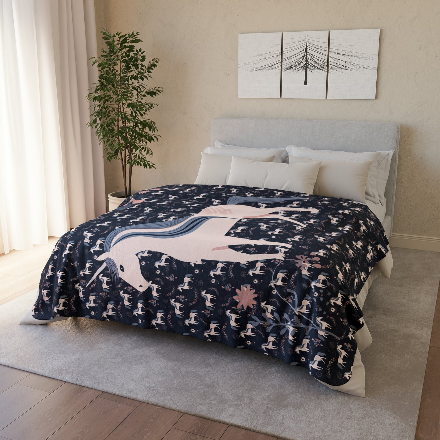 Pink and Navy Unicorn Fleece Sherpa Blanket