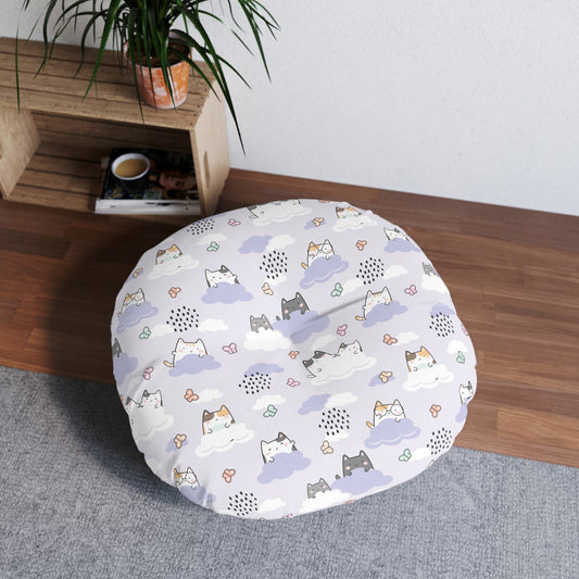 Cat Clouds Tufted Floor Pillow, Round