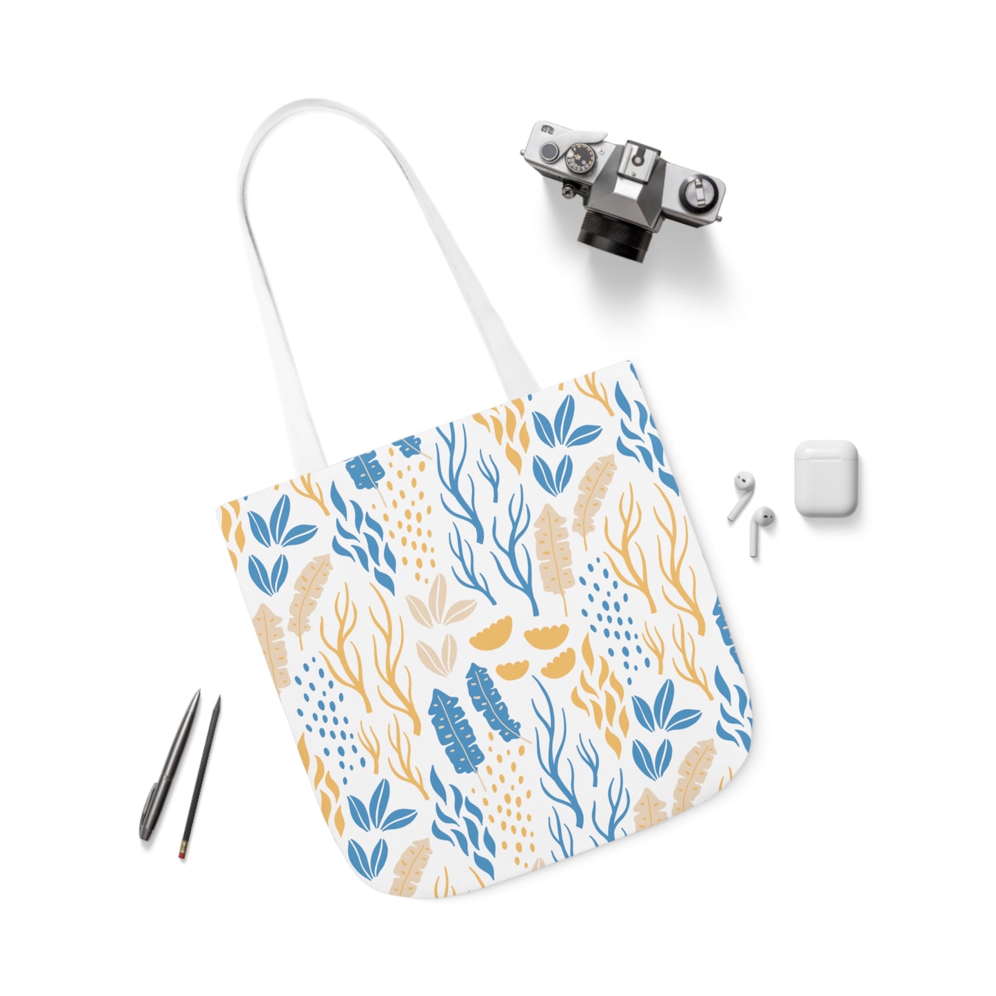 Yellow and Blue Floral Canvas Tote Bag, 2-Color Straps