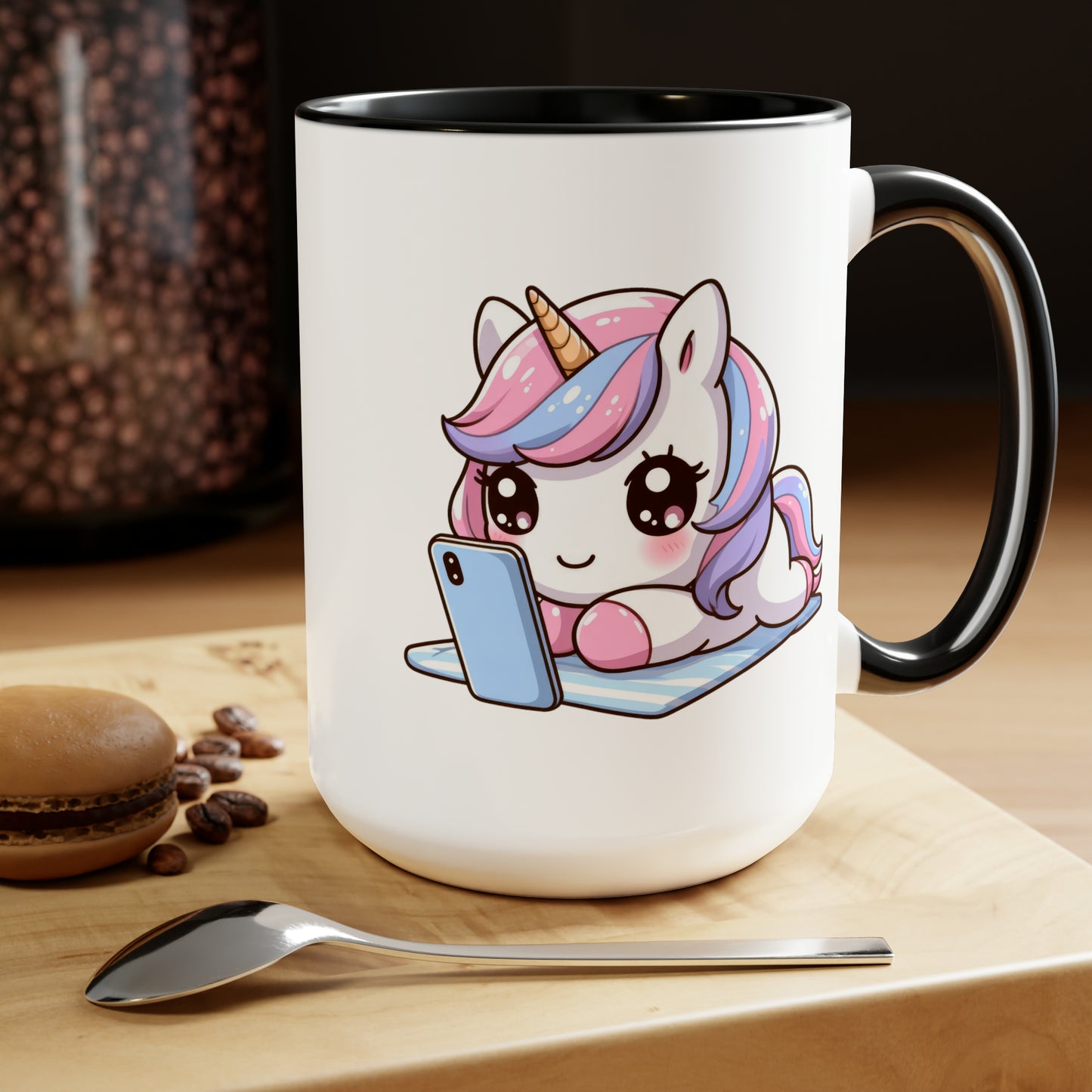 Cute Unicorn with Phone Two-Tone Coffee Mugs, 15oz