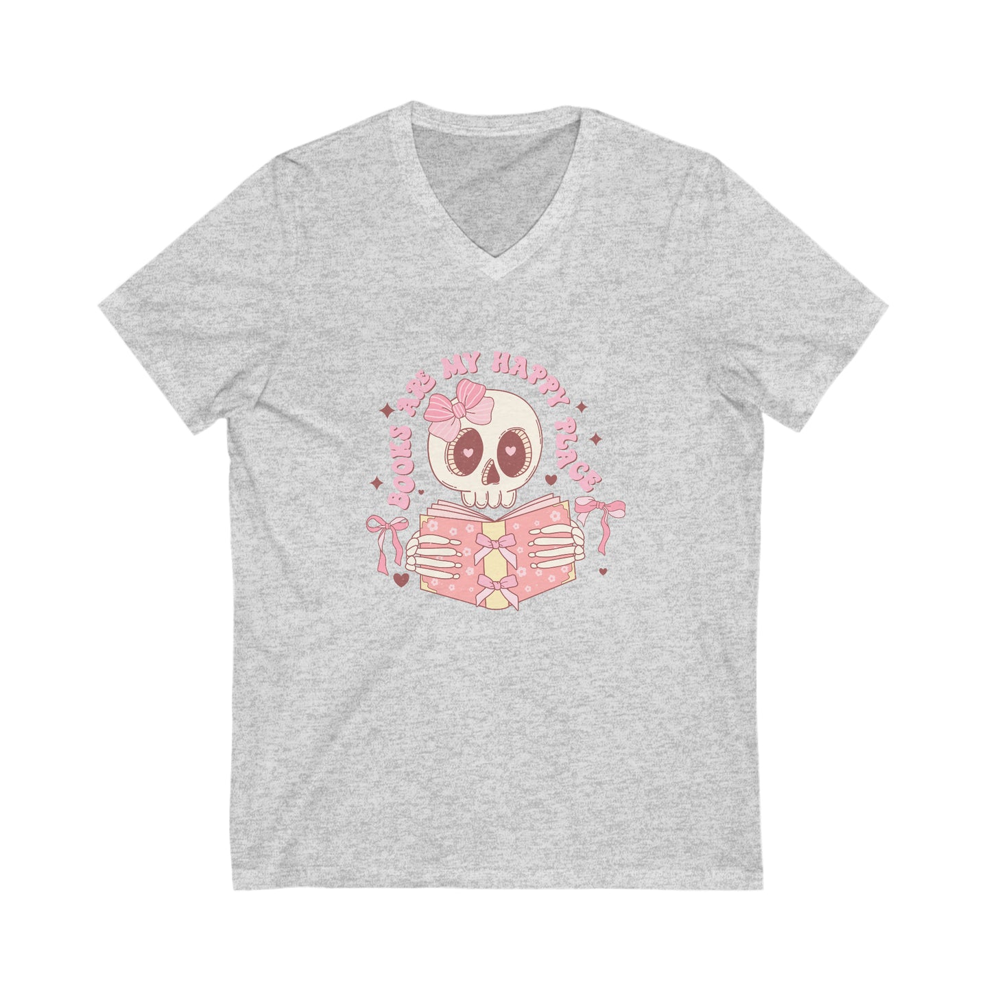 Books Are My Happy Place Pink Skull Unisex Jersey Short Sleeve V-Neck Tee