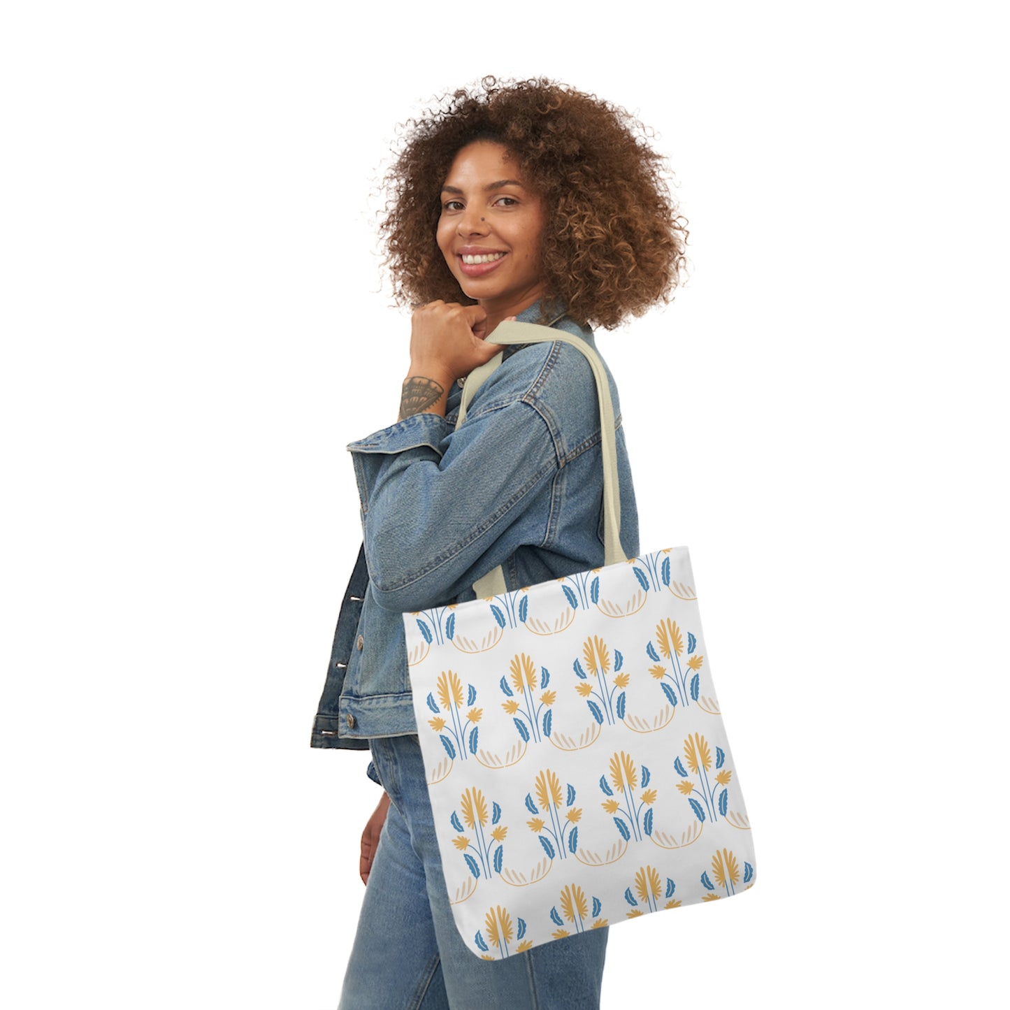 Yellow and Blue Floral Repeat Canvas Tote Bag, 3-Color Straps