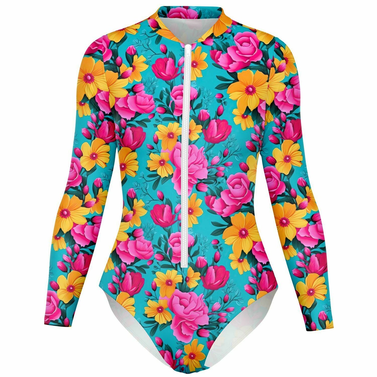 Bright Pink Floral Bodysuit Long Sleeve