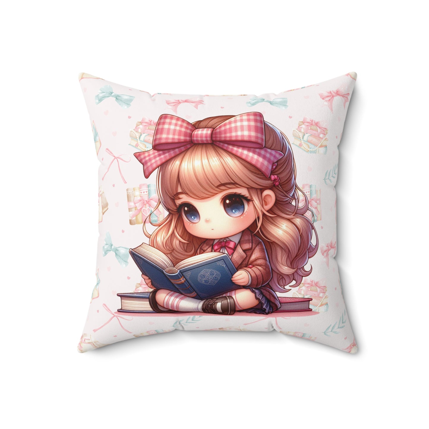 Cute Girl Reading Book Spun Polyester Square Pillow